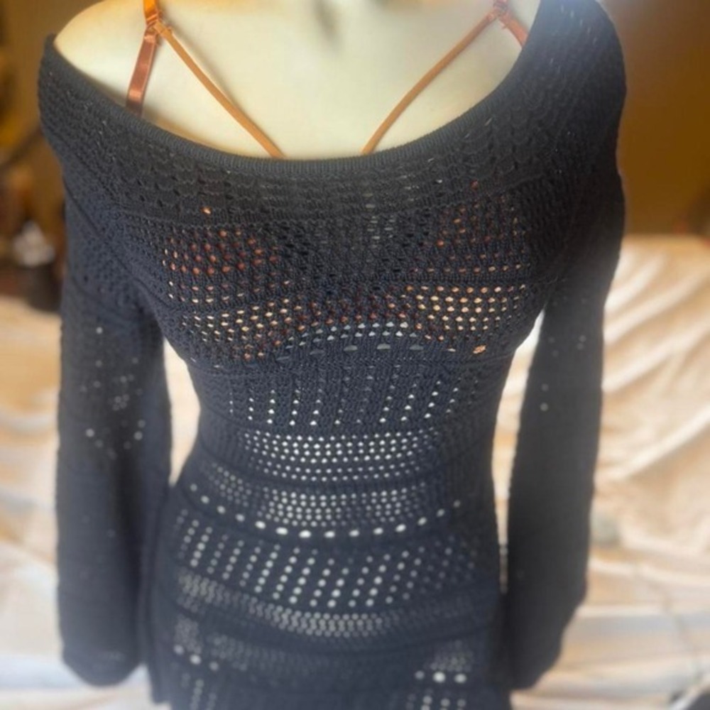 Zara Black Crochet Open Knit Bell Sleeve Sweater Beach Cover Up Boho Festival